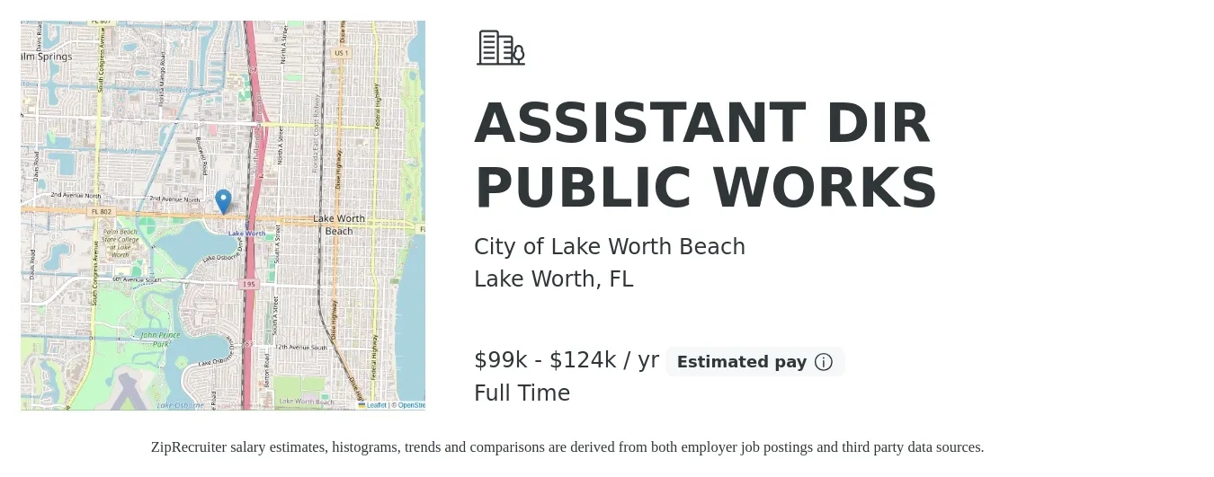 City of Lake Worth Beach job posting for a ASSISTANT DIR PUBLIC WORKS in Lake Worth, FL with a salary of $99,995 to $124,993 Yearly with a map of Lake Worth location.