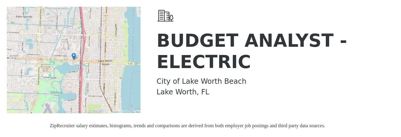 City of Lake Worth Beach job posting for a BUDGET ANALYST - ELECTRIC in Lake Worth, FL with a salary of $63,177 to $78,971 Yearly with a map of Lake Worth location.
