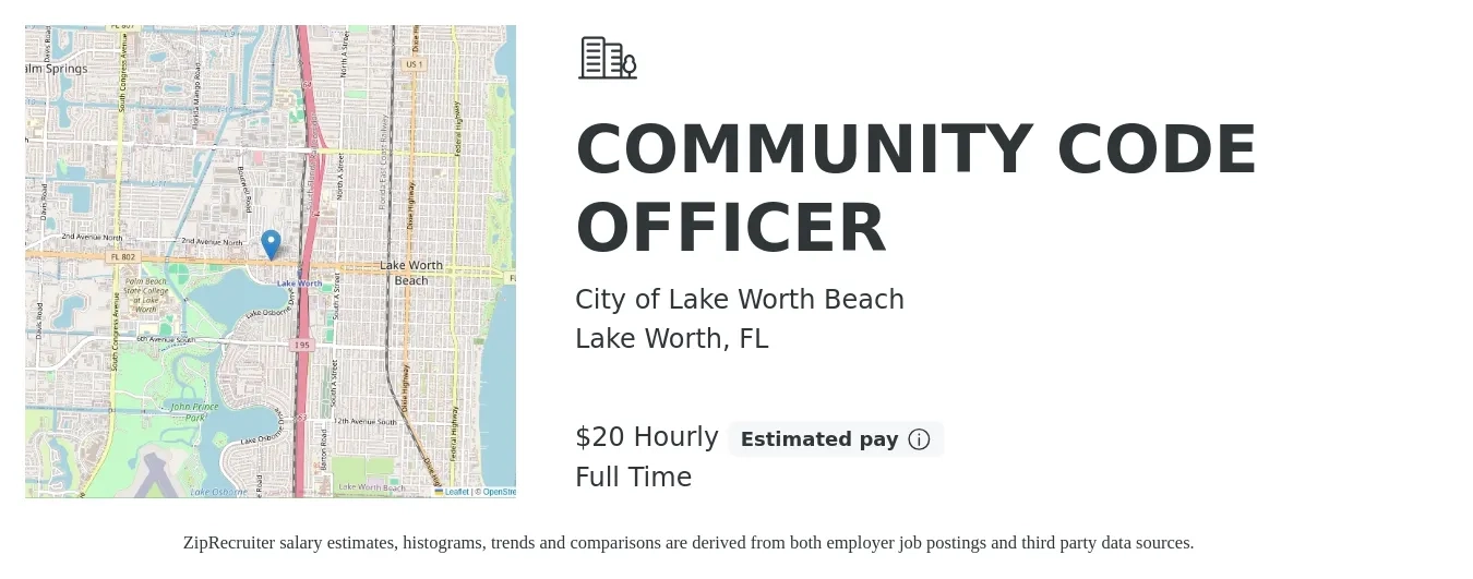 City of Lake Worth Beach job posting for a COMMUNITY CODE OFFICER in Lake Worth, FL with a salary of $21 Hourly with a map of Lake Worth location.