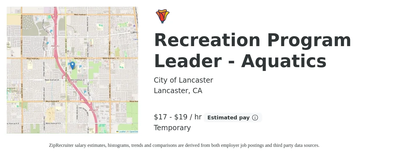 City of Lancaster job posting for a Recreation Program Leader - Aquatics in Lancaster, CA with a salary of $18 to $21 Hourly with a map of Lancaster location.