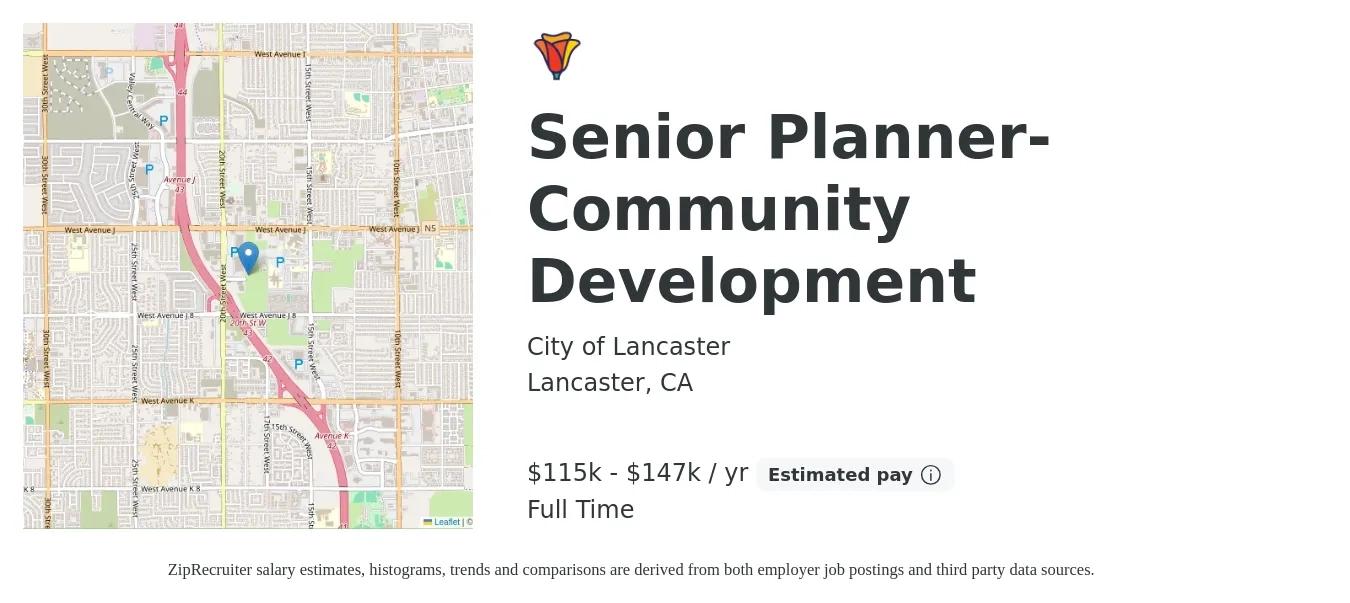 City of Lancaster job posting for a Senior Planner-Community Development in Lancaster, CA with a salary of $115,430 to $147,321 Yearly with a map of Lancaster location.