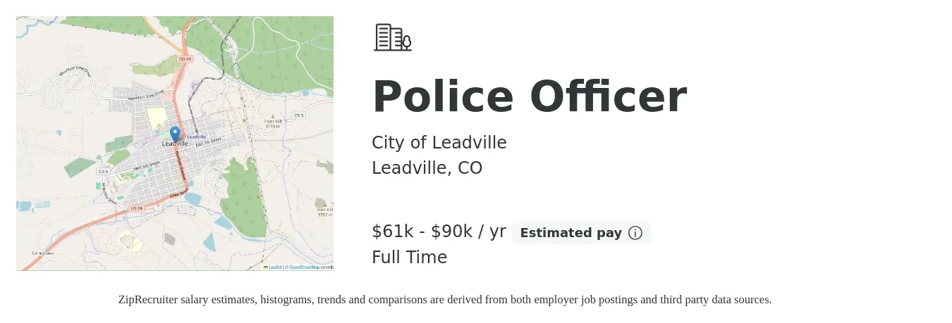 City of Leadville job posting for a Police Officer in Leadville, CO with a salary of $61,560 to $90,422 Yearly with a map of Leadville location.