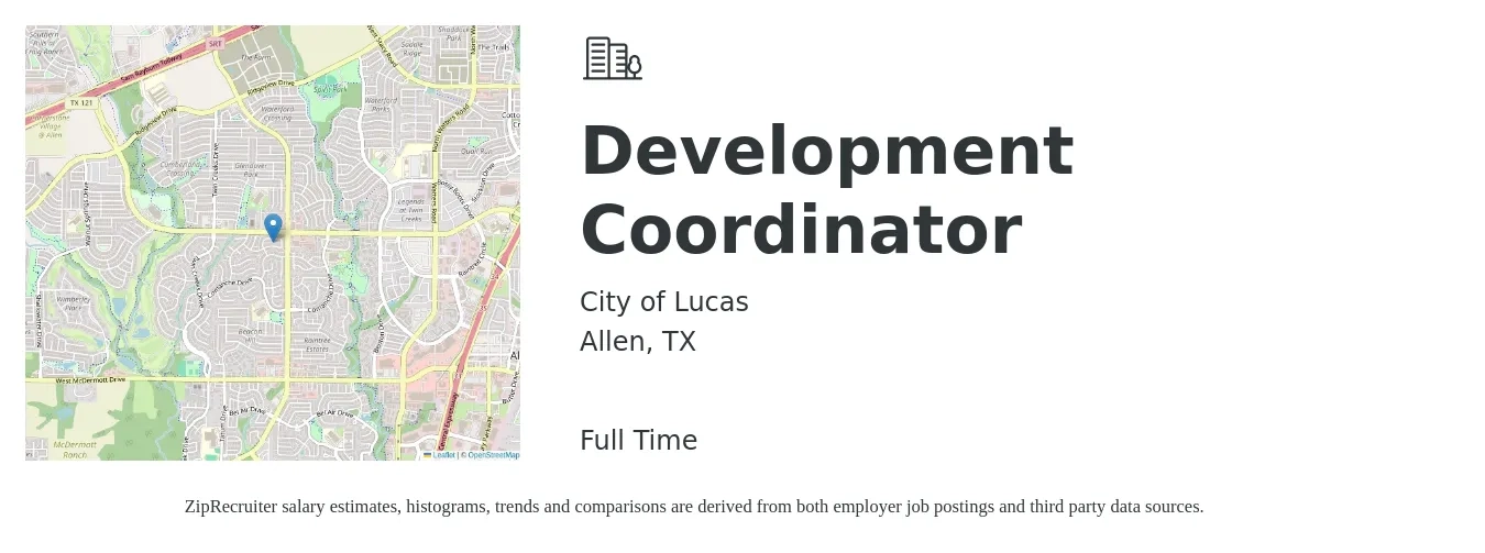 City of Lucas job posting for a Development Coordinator in Allen, TX with a salary of $40,500 to $54,400 Yearly with a map of Allen location.