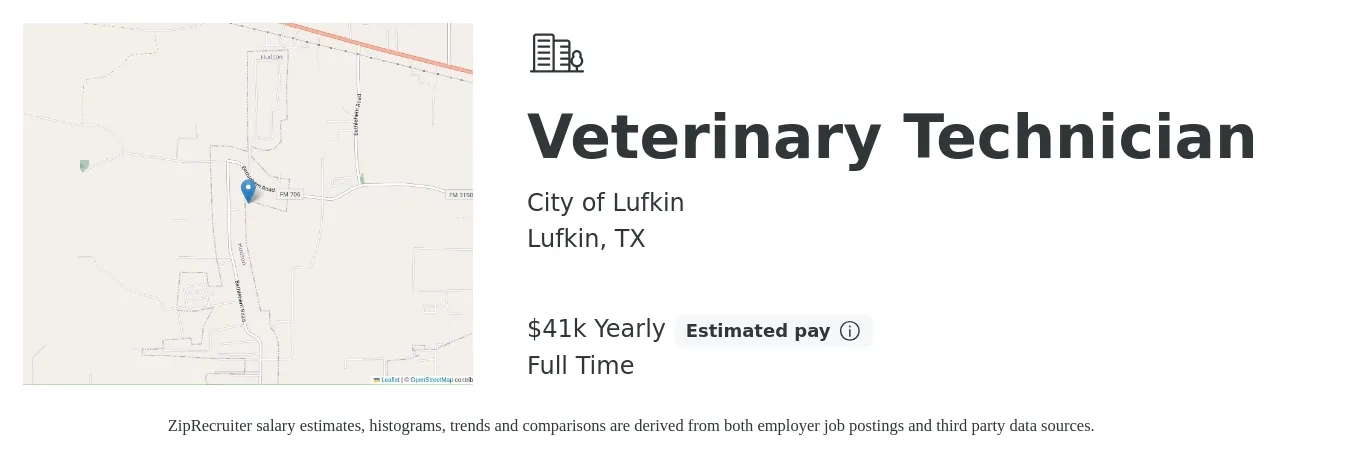 City of Lufkin job posting for a Veterinary Technician in Lufkin, TX with a salary of $41,000 Yearly with a map of Lufkin location.