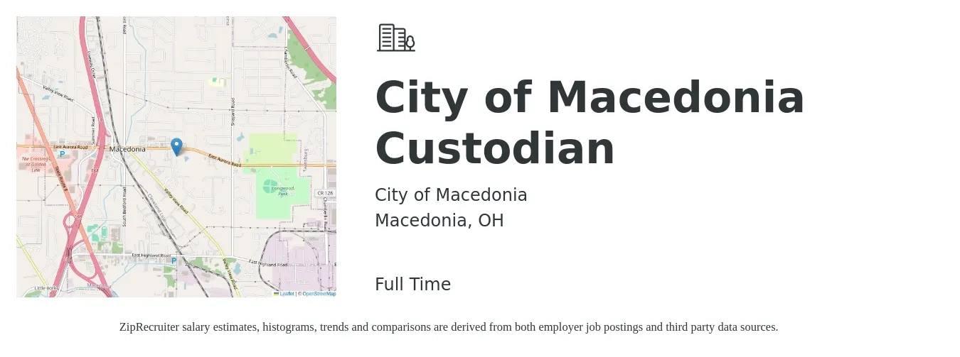 City of Macedonia job posting for a City of Macedonia Custodian in Macedonia, OH with a salary of $13 to $16 Hourly with a map of Macedonia location.