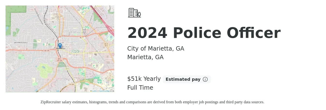 City of Marietta, GA job posting for a 2024 Police Officer in Marietta, GA with a salary of $51,000 Yearly with a map of Marietta location.
