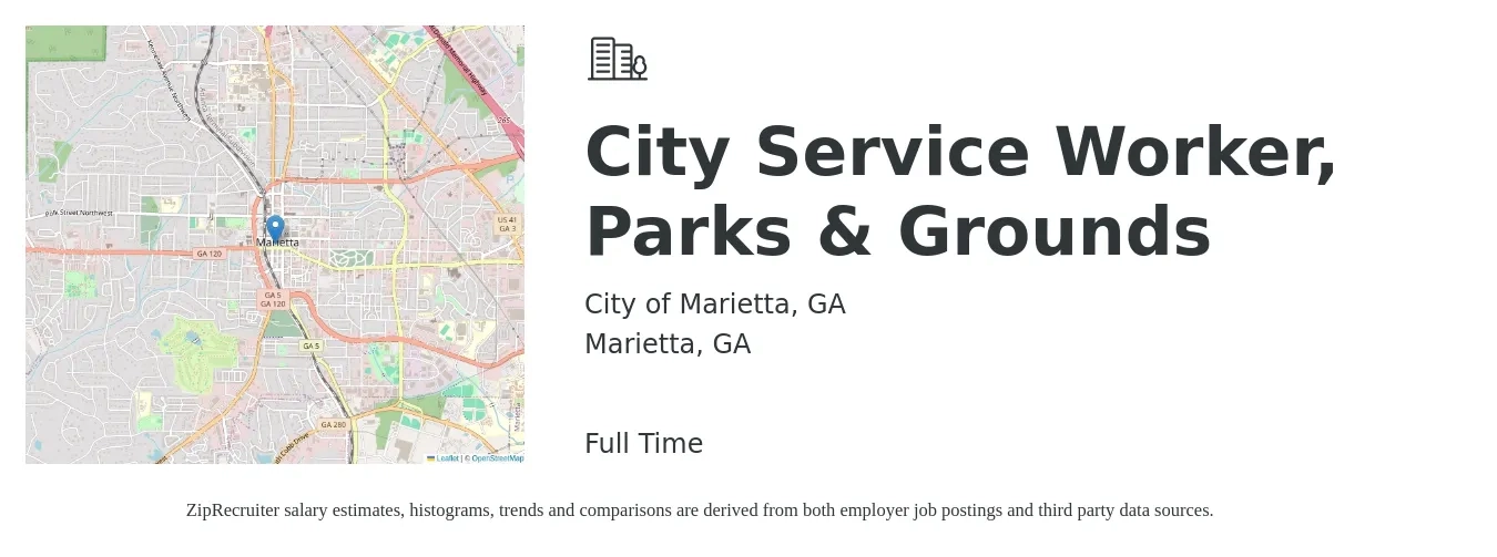City of Marietta, GA job posting for a City Service Worker, Parks & Grounds in Marietta, GA with a salary of $17 to $19 Hourly with a map of Marietta location.