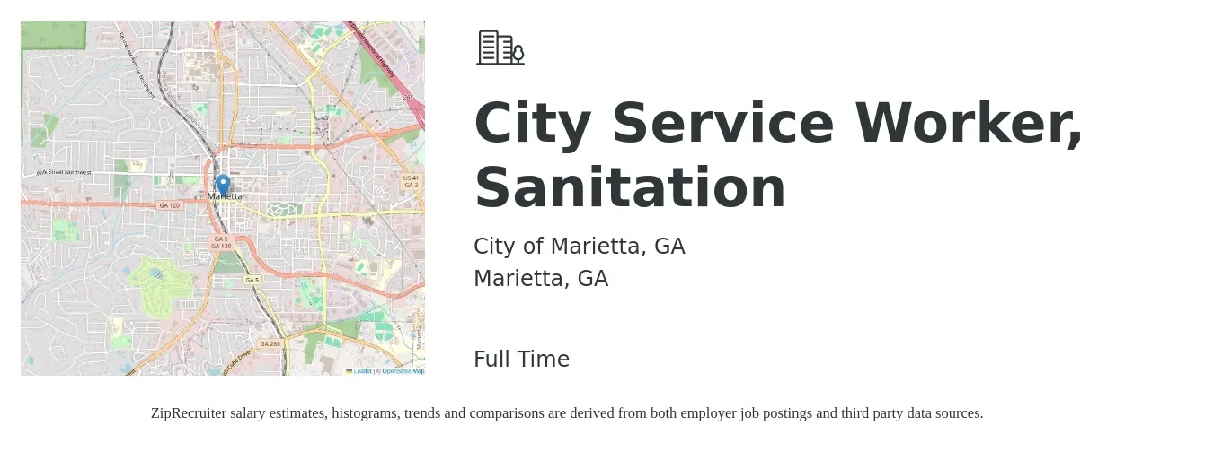 City of Marietta, GA job posting for a City Service Worker, Sanitation in Marietta, GA with a salary of $17 to $19 Hourly with a map of Marietta location.
