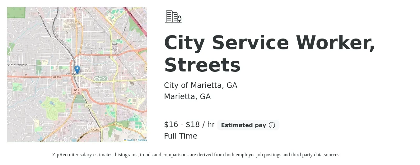 City of Marietta, GA job posting for a City Service Worker, Streets in Marietta, GA with a salary of $17 to $19 Hourly with a map of Marietta location.