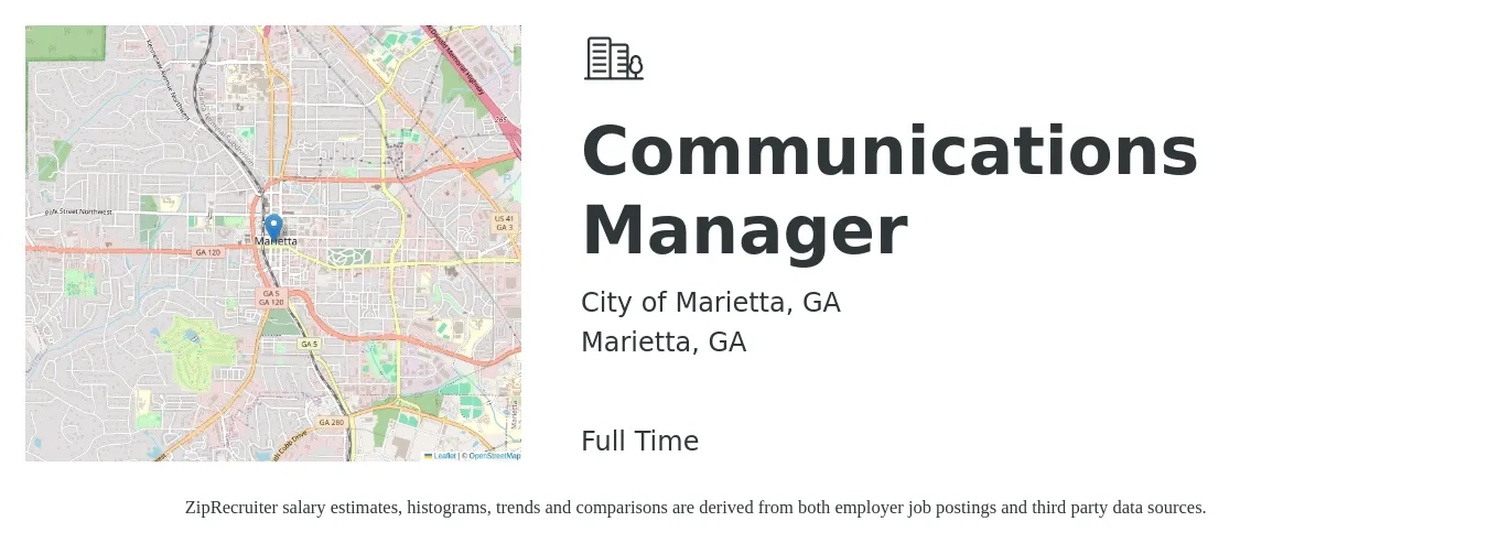 City of Marietta, GA job posting for a Communications Manager in Marietta, GA with a salary of $62,400 to $92,100 Yearly with a map of Marietta location.