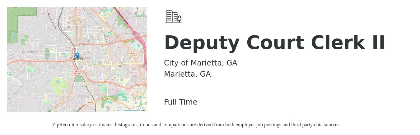 City of Marietta, GA job posting for a Deputy Court Clerk II in Marietta, GA with a salary of $17 to $19 Hourly with a map of Marietta location.