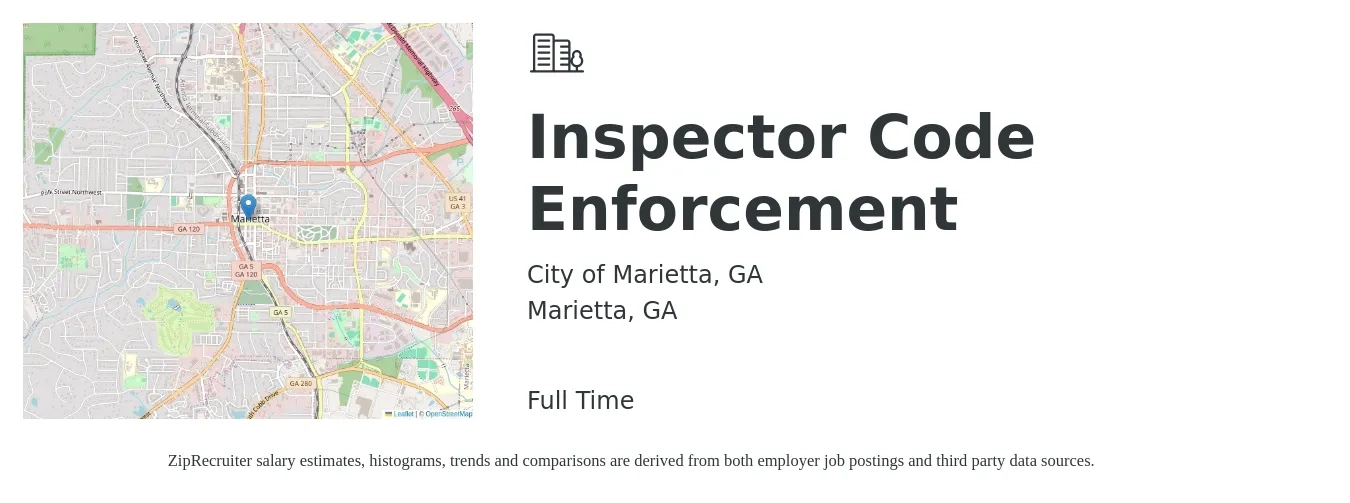 City of Marietta, GA job posting for a Inspector Code Enforcement in Marietta, GA with a salary of $22 to $25 Hourly with a map of Marietta location.