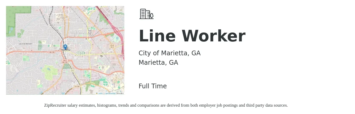 City of Marietta, GA job posting for a Line Worker in Marietta, GA with a salary of $31 to $43 Hourly with a map of Marietta location.