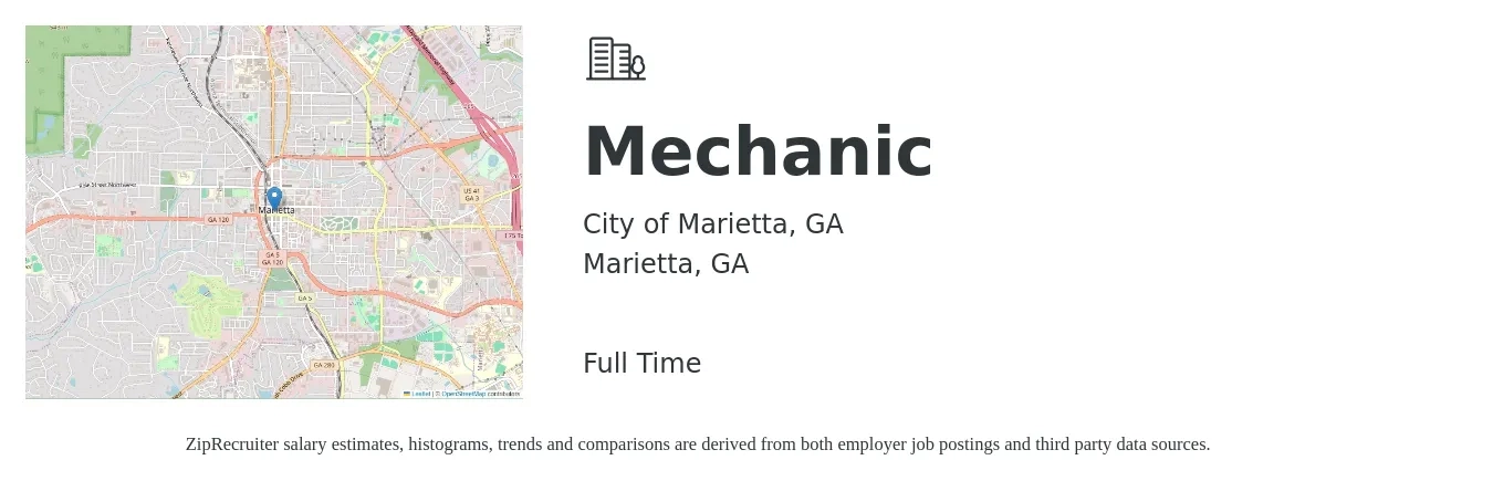City of Marietta, GA job posting for a Mechanic in Marietta, GA with a salary of $18 to $20 Hourly with a map of Marietta location.