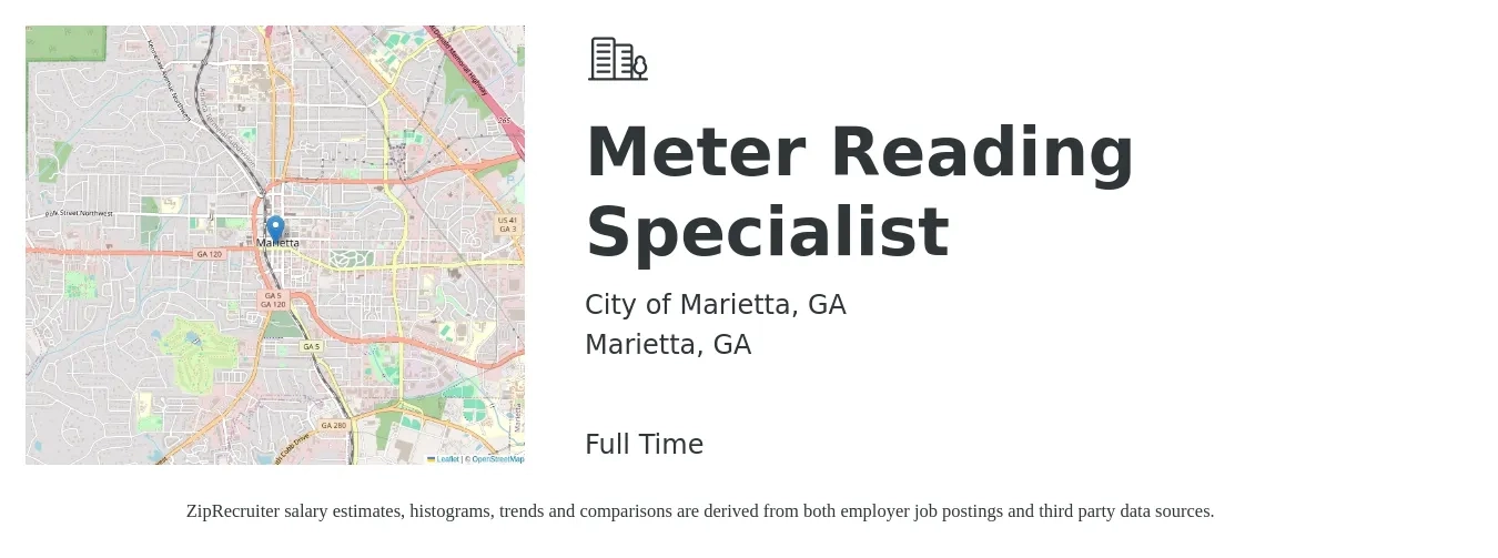City of Marietta, GA job posting for a Meter Reading Specialist in Marietta, GA with a salary of $17 Hourly with a map of Marietta location.