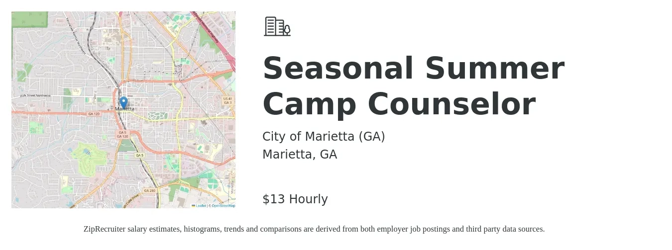 City of Marietta, GA job posting for a Seasonal Summer Camp Counselor in Marietta, GA with a salary of $14 Hourly with a map of Marietta location.