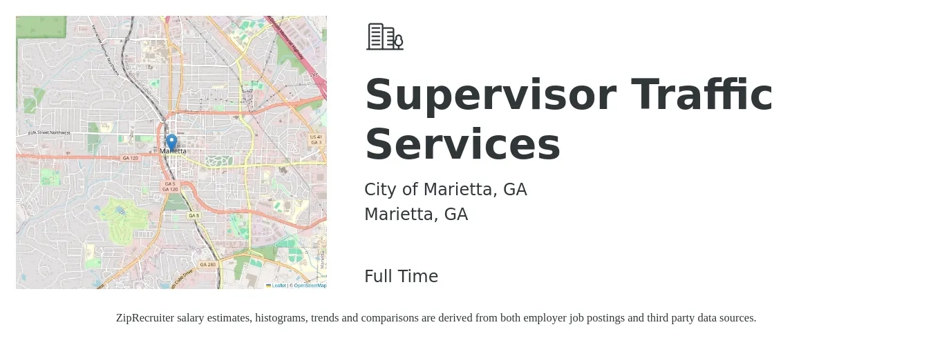 City of Marietta, GA job posting for a Supervisor Traffic Services in Marietta, GA with a salary of $55,515 to $63,086 Yearly with a map of Marietta location.