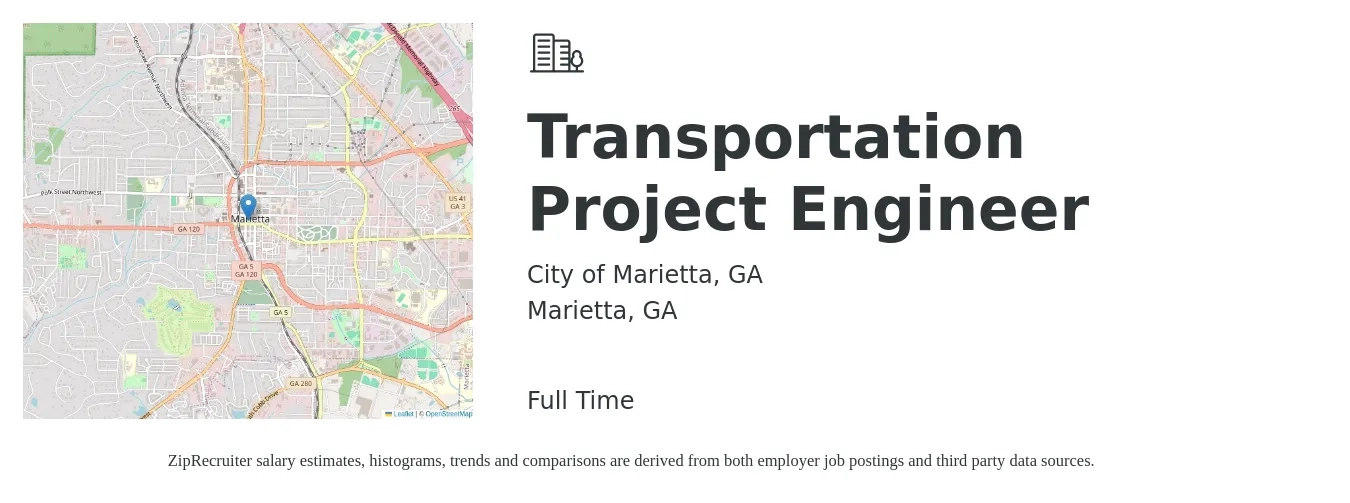 City of Marietta, GA job posting for a Transportation Project Engineer in Marietta, GA with a salary of $70,844 to $81,473 Yearly with a map of Marietta location.