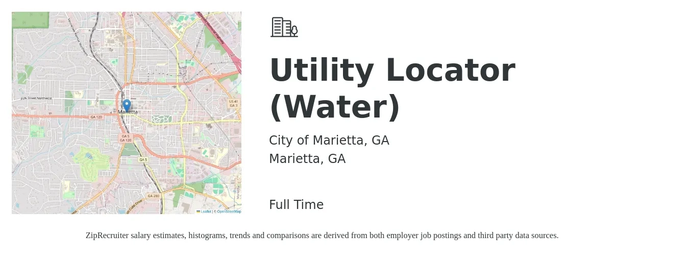 City of Marietta, GA job posting for a Utility Locator (Water) in Marietta, GA with a salary of $19 to $21 Hourly with a map of Marietta location.
