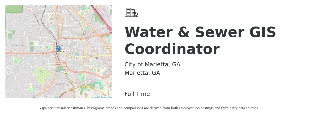 City of Marietta, GA job posting for a Water & Sewer GIS Coordinator in Marietta, GA with a salary of $22 to $25 Hourly with a map of Marietta location.