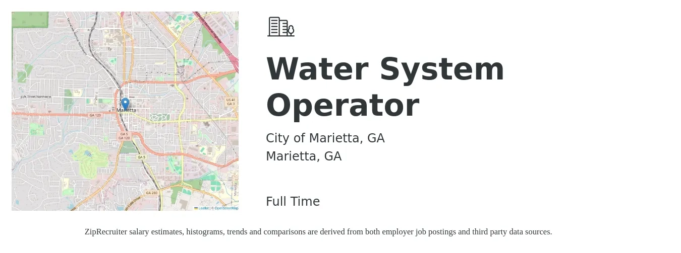 City of Marietta, GA job posting for a Water System Operator in Marietta, GA with a salary of $18 to $21 Hourly with a map of Marietta location.