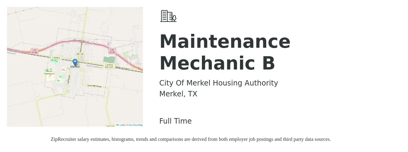City Of Merkel Housing Authority job posting for a Maintenance Mechanic B in Merkel, TX with a salary of $24 to $31 Hourly with a map of Merkel location.