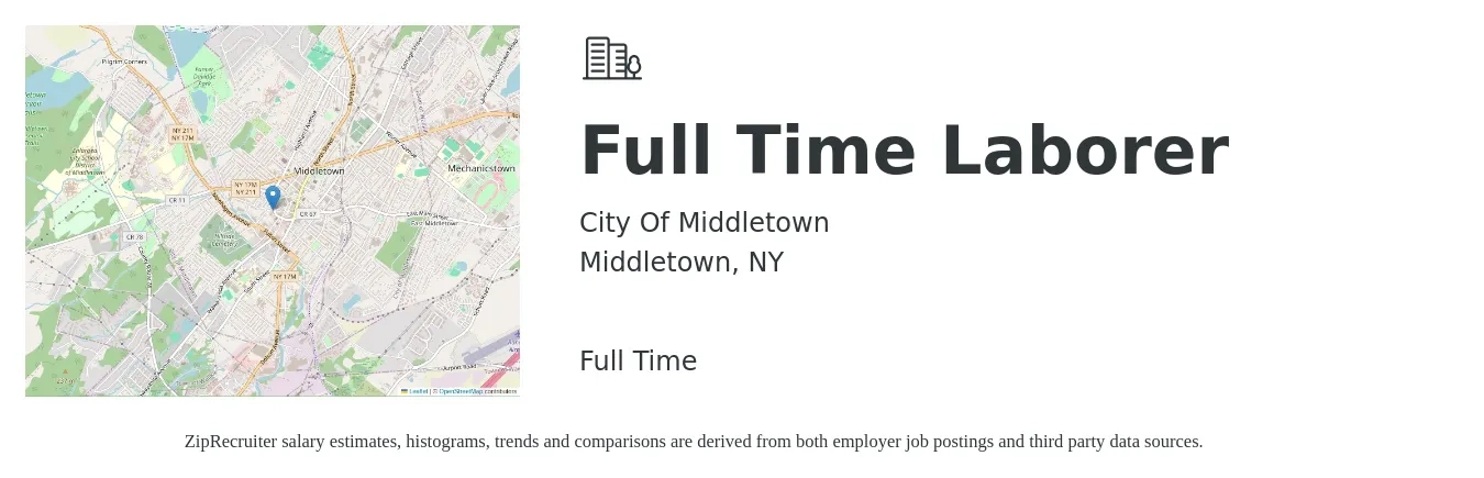 City Of Middletown job posting for a Full Time Laborer in Middletown, NY with a salary of $16 to $20 Hourly with a map of Middletown location.
