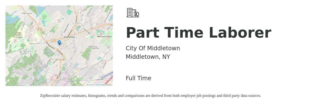 City Of Middletown job posting for a Part Time Laborer in Middletown, NY with a salary of $16 to $20 Hourly with a map of Middletown location.