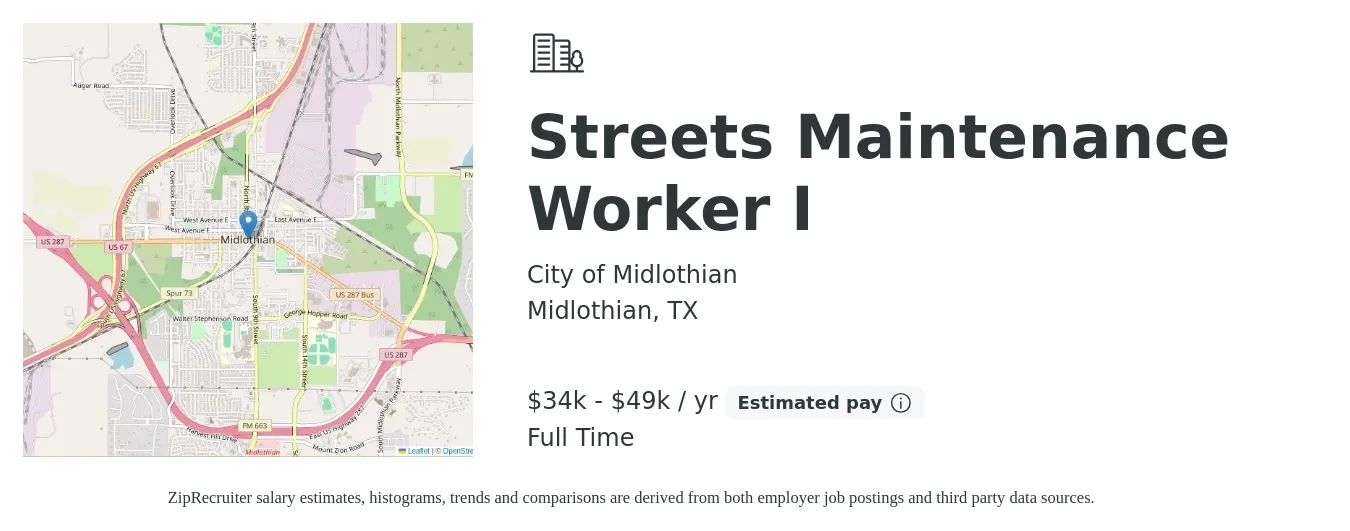 City of Midlothian job posting for a Streets Maintenance Worker I in Midlothian, TX with a salary of $34,299 to $49,733 Yearly with a map of Midlothian location.