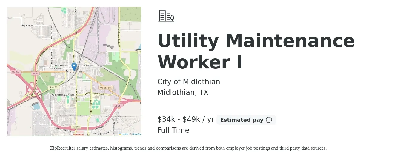 City of Midlothian job posting for a Utility Maintenance Worker I in Midlothian, TX with a salary of $34,299 to $49,733 Yearly with a map of Midlothian location.