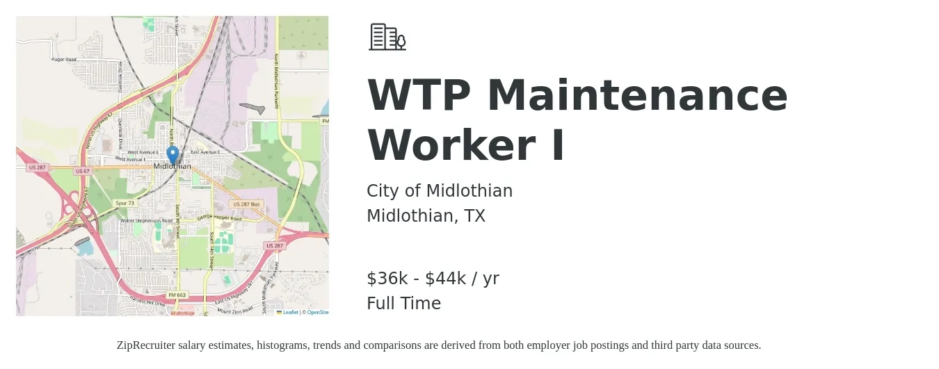 City of Midlothian job posting for a WTP Maintenance Worker I in Midlothian, TX with a salary of $36,005 to $44,096 Yearly with a map of Midlothian location.