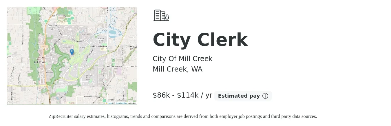 City Of Mill Creek job posting for a City Clerk in Mill Creek, WA with a salary of $86,952 to $114,422 Yearly with a map of Mill Creek location.