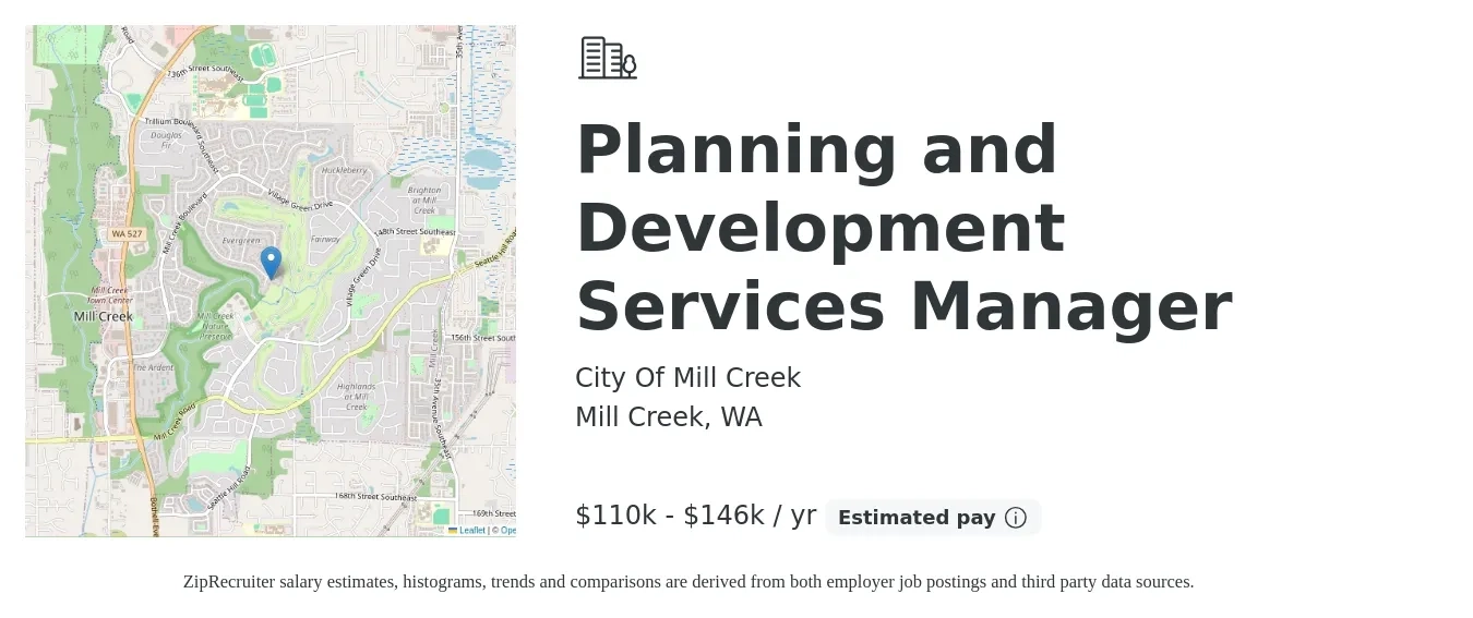 City Of Mill Creek job posting for a Planning and Development Services Manager in Mill Creek, WA with a salary of $110,974 to $146,035 Yearly with a map of Mill Creek location.