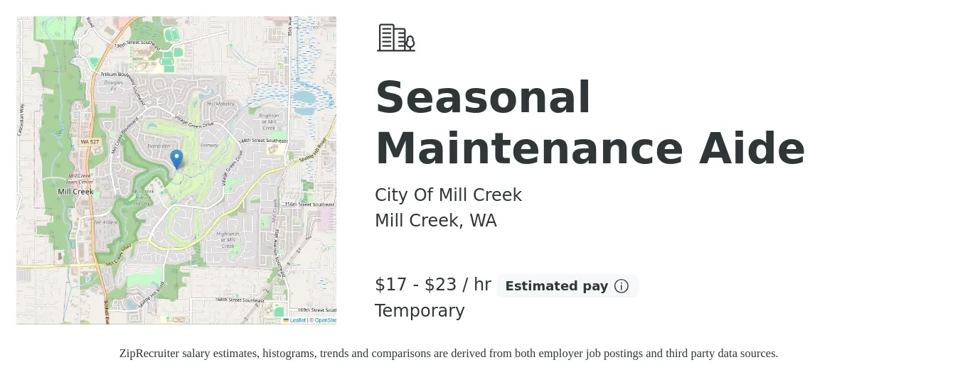 City Of Mill Creek job posting for a Seasonal Maintenance Aide in Mill Creek, WA with a salary of $18 to $24 Hourly with a map of Mill Creek location.