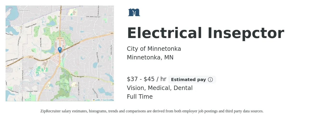 City of Minnetonka job posting for a Electrical Insepctor in Minnetonka, MN with a salary of $39 to $47 Hourly and benefits including dental, life_insurance, medical, retirement, and vision with a map of Minnetonka location.