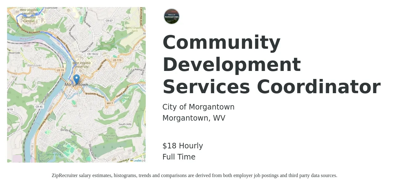 City of Morgantown job posting for a Community Development Services Coordinator in Morgantown, WV with a salary of $19 Hourly with a map of Morgantown location.