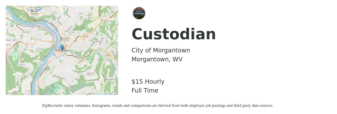 City of Morgantown job posting for a Custodian in Morgantown, WV with a salary of $16 Hourly with a map of Morgantown location.