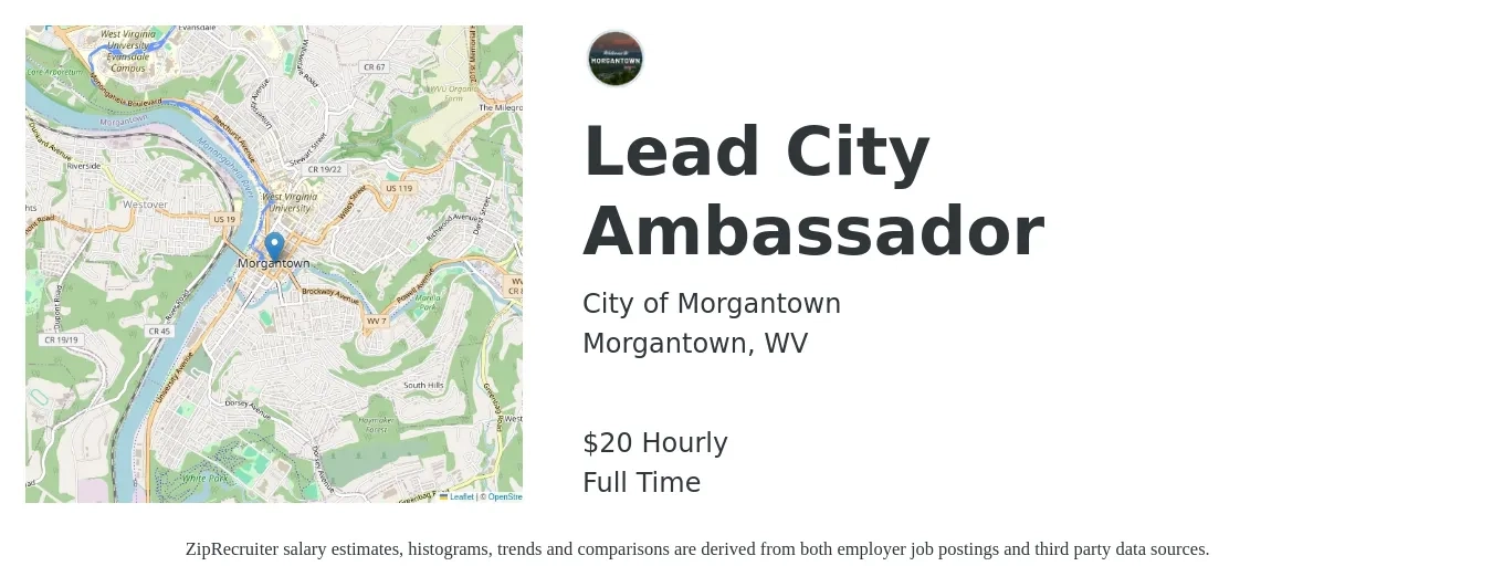 City of Morgantown job posting for a Lead City Ambassador in Morgantown, WV with a salary of $21 Hourly with a map of Morgantown location.