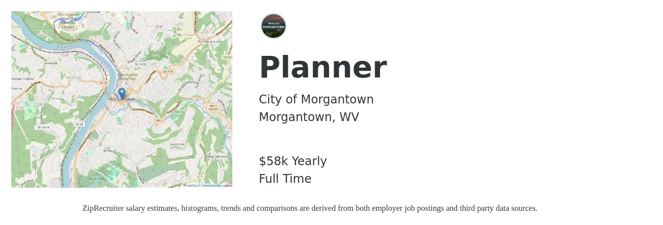 City of Morgantown job posting for a Planner in Morgantown, WV with a salary of $58,031 Yearly with a map of Morgantown location.