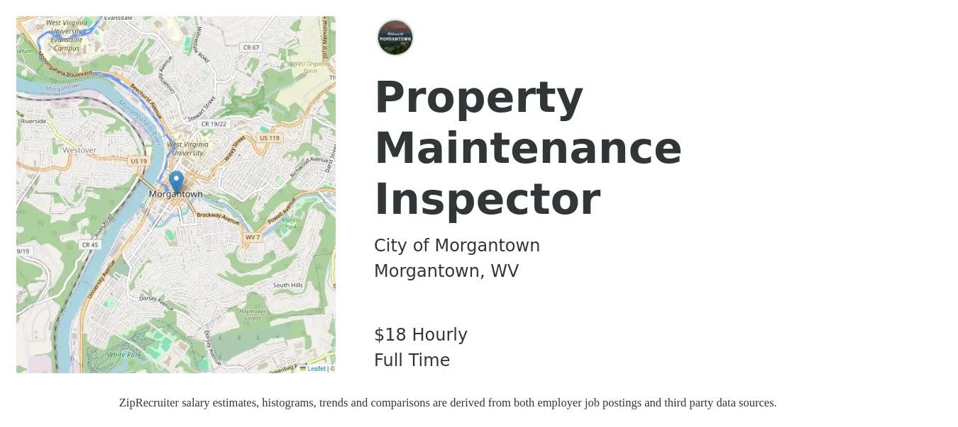 City of Morgantown job posting for a Property Maintenance Inspector in Morgantown, WV with a salary of $19 Hourly with a map of Morgantown location.