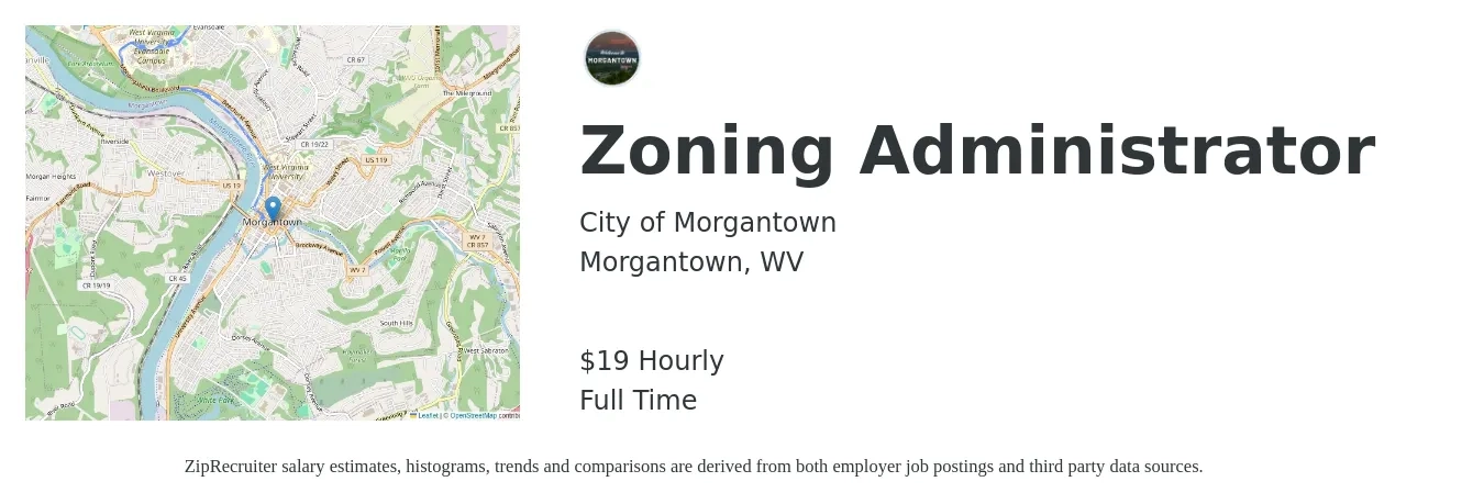 City of Morgantown job posting for a Zoning Administrator in Morgantown, WV with a salary of $20 Hourly with a map of Morgantown location.