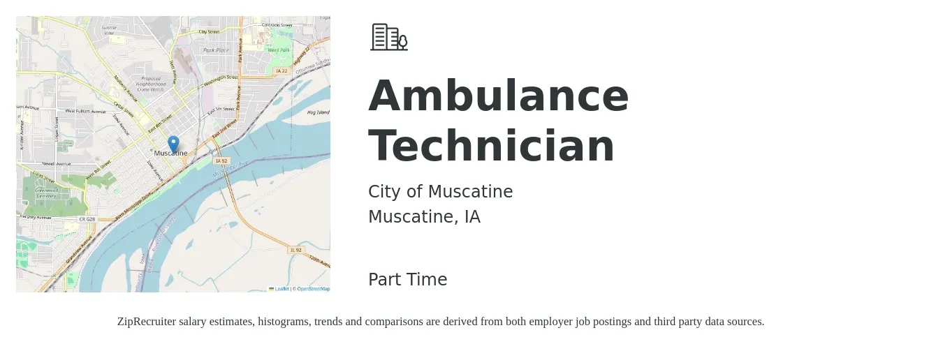 City of Muscatine job posting for a Ambulance Technician in Muscatine, IA with a salary of $17 to $23 Hourly with a map of Muscatine location.
