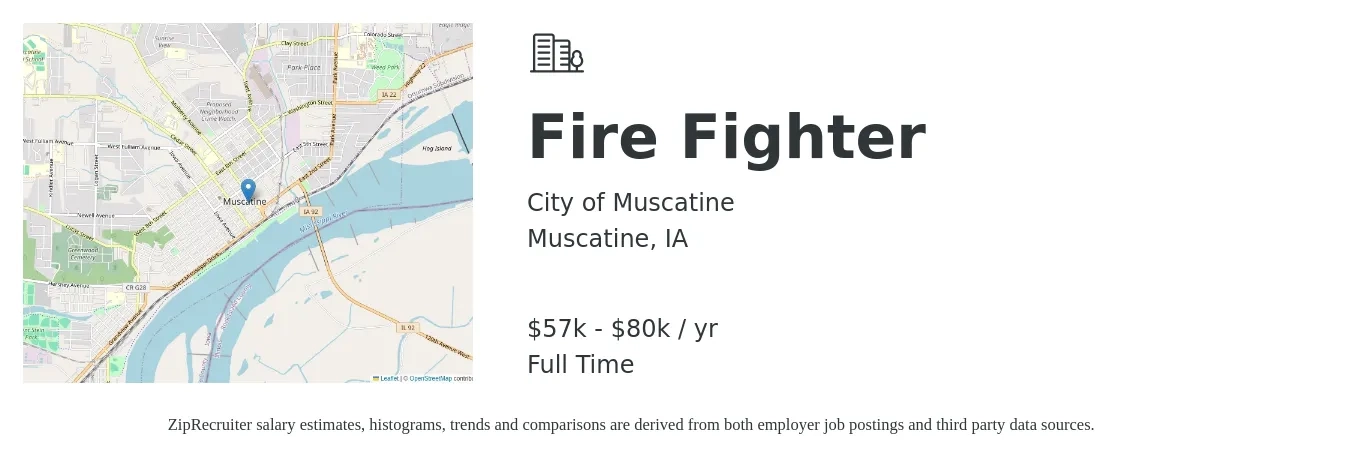 City of Muscatine job posting for a Fire Fighter in Muscatine, IA with a salary of $57,331 to $80,533 Yearly with a map of Muscatine location.