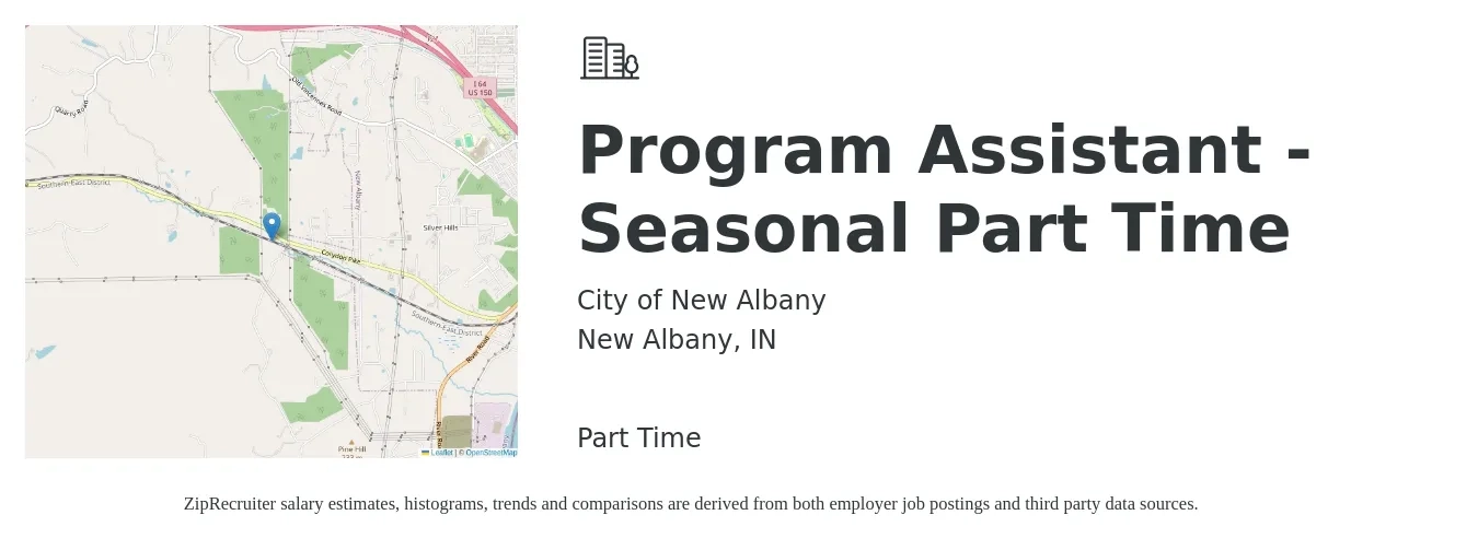 City of New Albany job posting for a Program Assistant - Seasonal Part Time in New Albany, IN with a salary of $34,700 to $44,000 Yearly with a map of New Albany location.