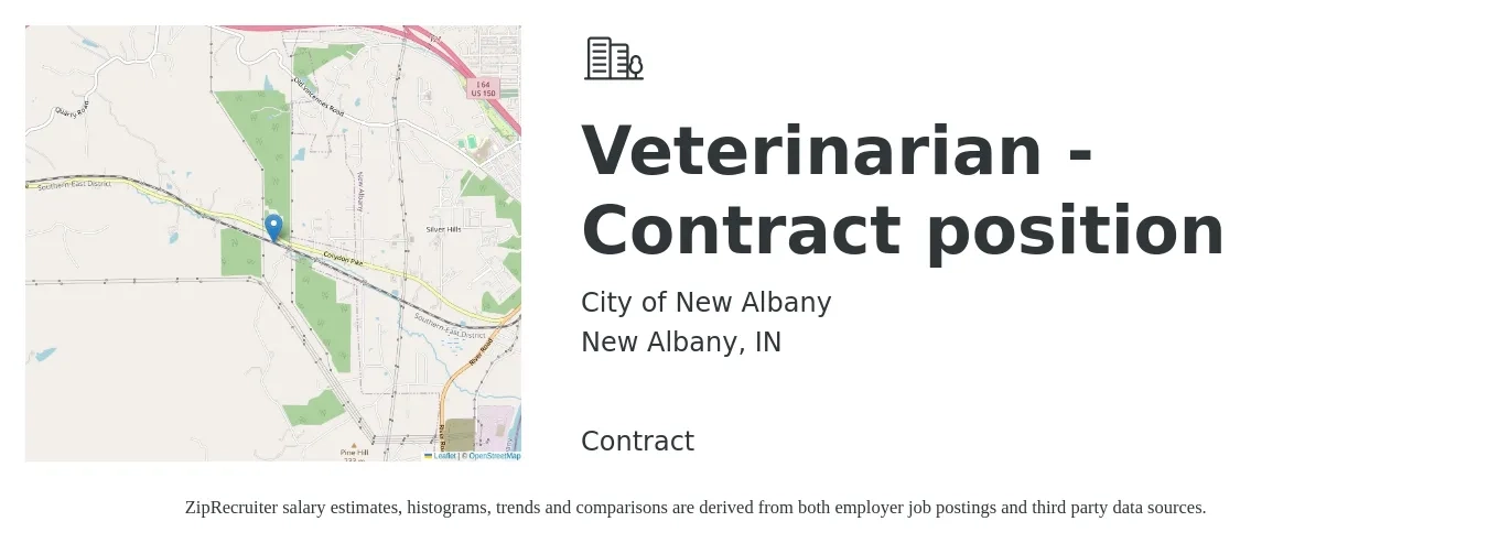City of New Albany job posting for a Veterinarian - Contract position in New Albany, IN with a salary of $103,700 to $201,800 Yearly with a map of New Albany location.