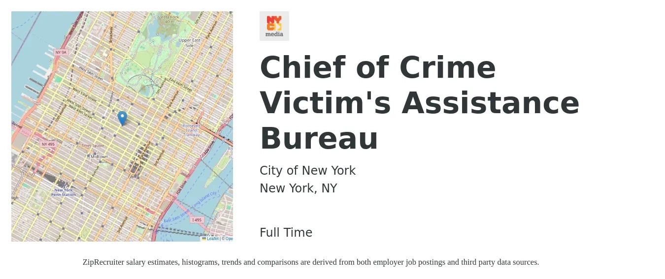 City of New York job posting for a Chief of Crime Victim's Assistance Bureau in New York, NY with a salary of $101,400 to $159,100 Yearly with a map of New York location.