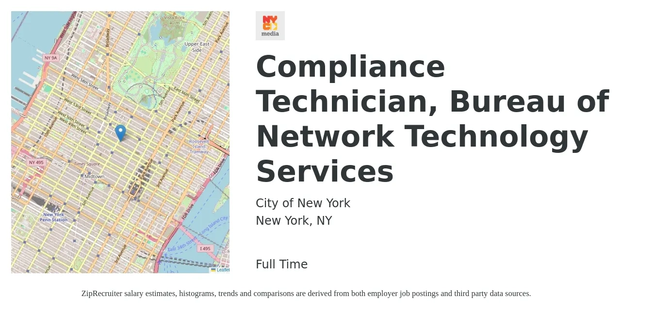 City of New York job posting for a Compliance Technician, Bureau of Network Technology Services in New York, NY with a salary of $20 to $30 Hourly with a map of New York location.