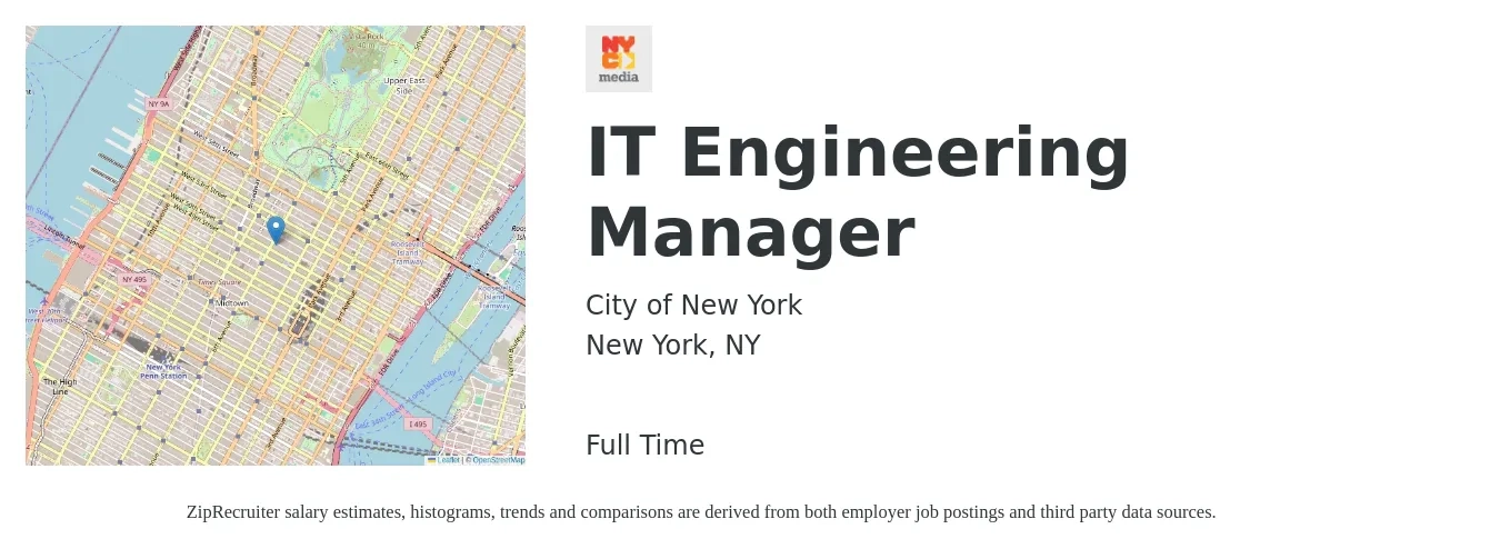 City of New York job posting for a IT Engineering Manager in New York, NY with a salary of $106,800 to $159,700 Yearly with a map of New York location.