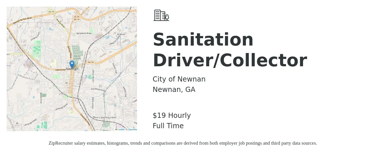 City of Newnan job posting for a Sanitation Driver/Collector in Newnan, GA with a salary of $14 to $17 Hourly with a map of Newnan location.