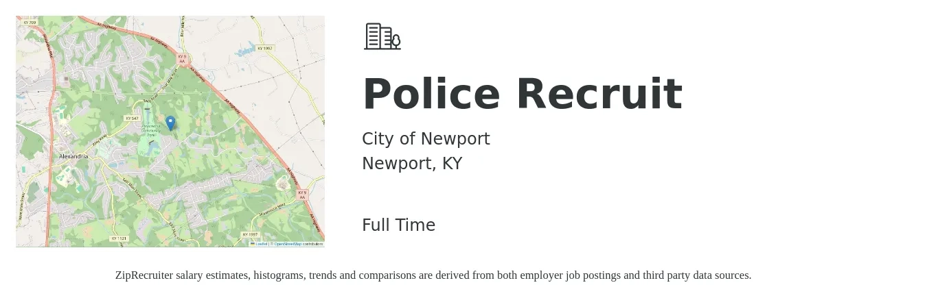 City of Newport job posting for a Police Recruit in Newport, KY with a salary of $4,300 Weekly with a map of Newport location.
